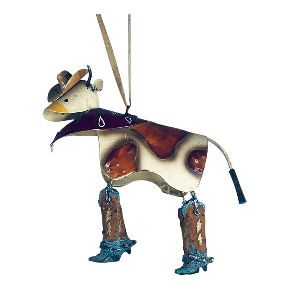 Vintage Metal Western COW ORNAMENT 5" Tin Cowboy Boots Hat Bandana Spotted Cow - Picture 2 of 4